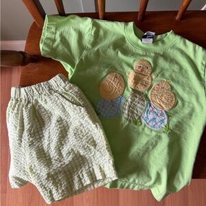 Light Green Striped Seersucker Shorts Set with Chick Appliques